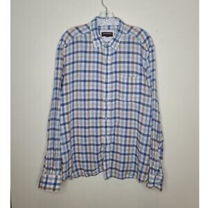 Johnston & Murphy Linen blue white plaid long sleeve button down shirt - LARGE